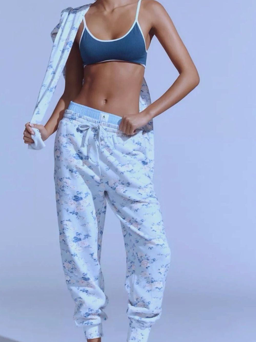 LoveShackFancy Lolana White Floral Drawstring Joggers with Blue & White Accents
